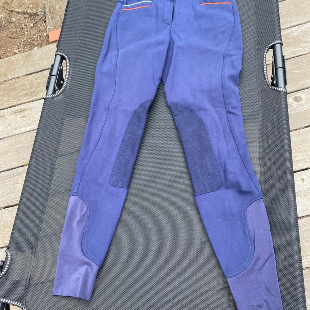 Horse riding knee patch breeches. Navy with orange and white trim